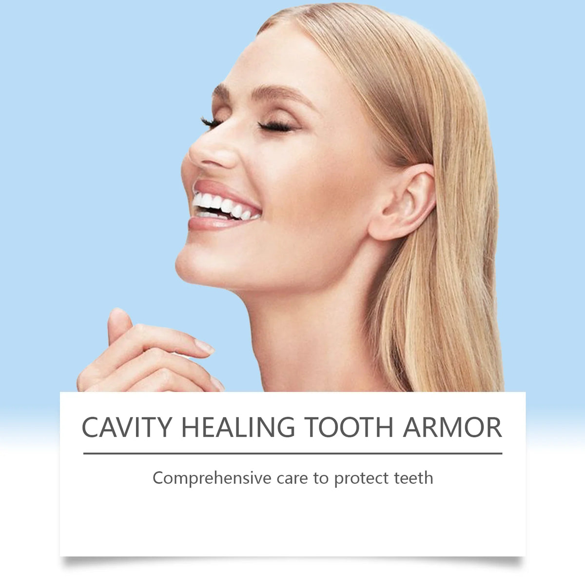 A woman smiling with closed eyes, showing a healthy face, next to text for Cavity Healing Tooth Armor.