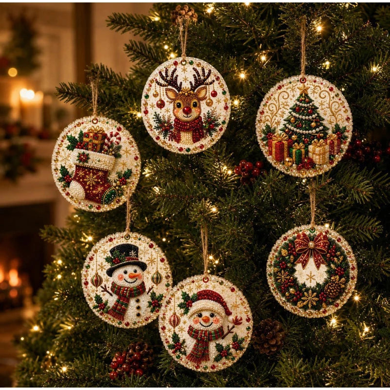 Christmas tree decorated with festive diamond painting wooden ornaments featuring reindeer, trees, and snowmen.