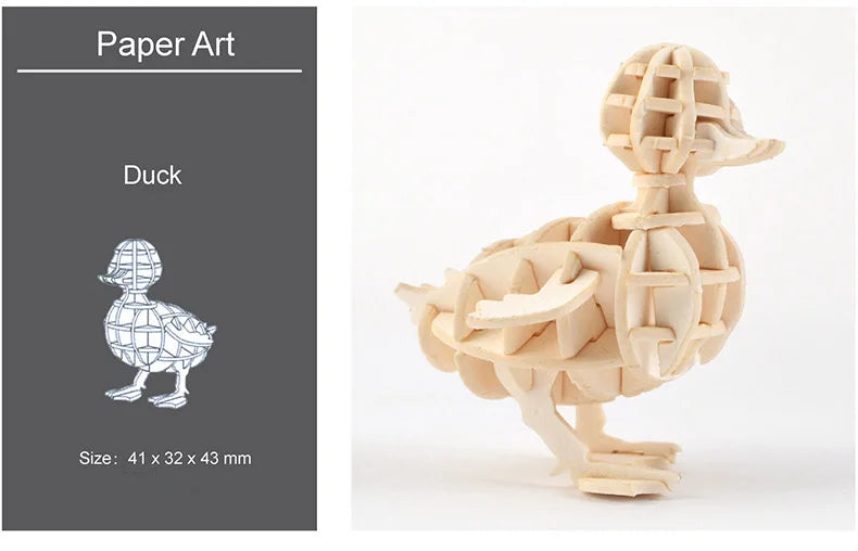 Pieza de arte artesanal de rompecabezas de pato de madera con textura y forma detalladas.