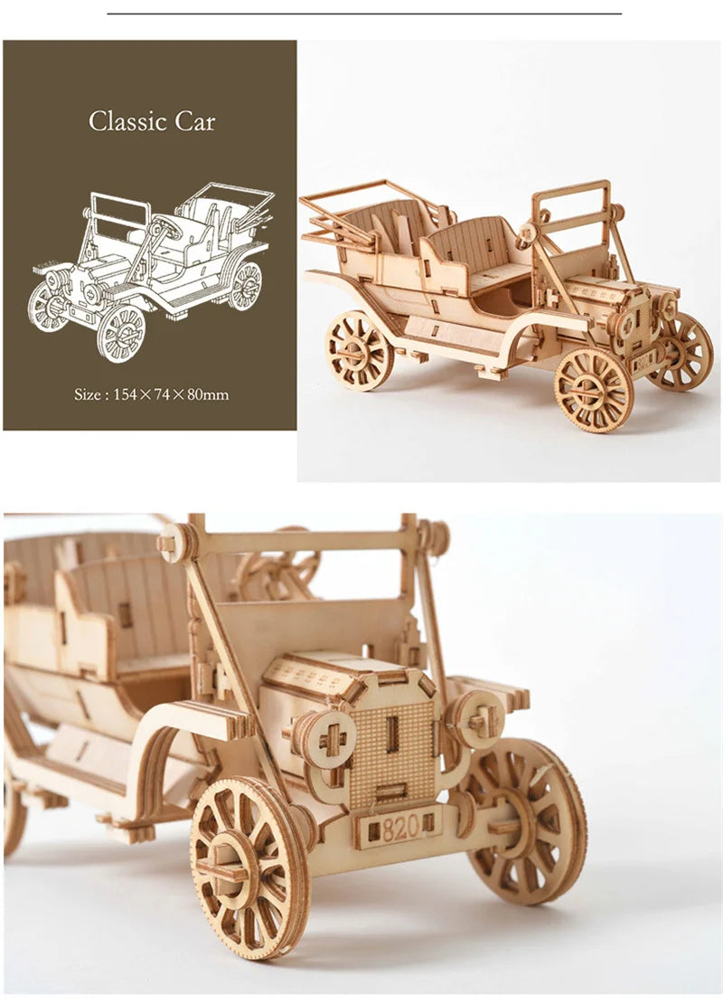 Kit de maqueta de madera de un auto clásico descapotable.