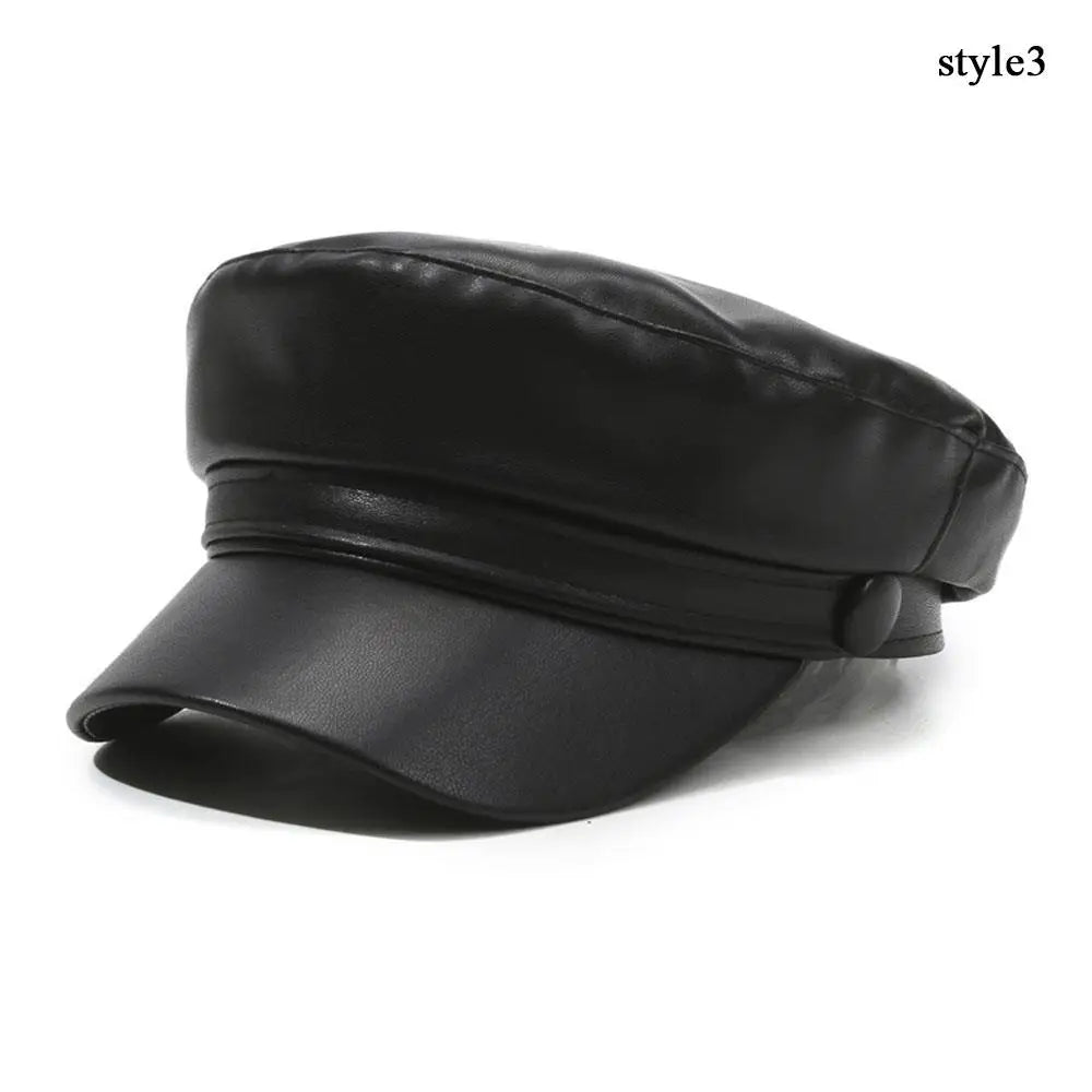 A black PU leather beret hat with an adjustable fit, shown from the side.
