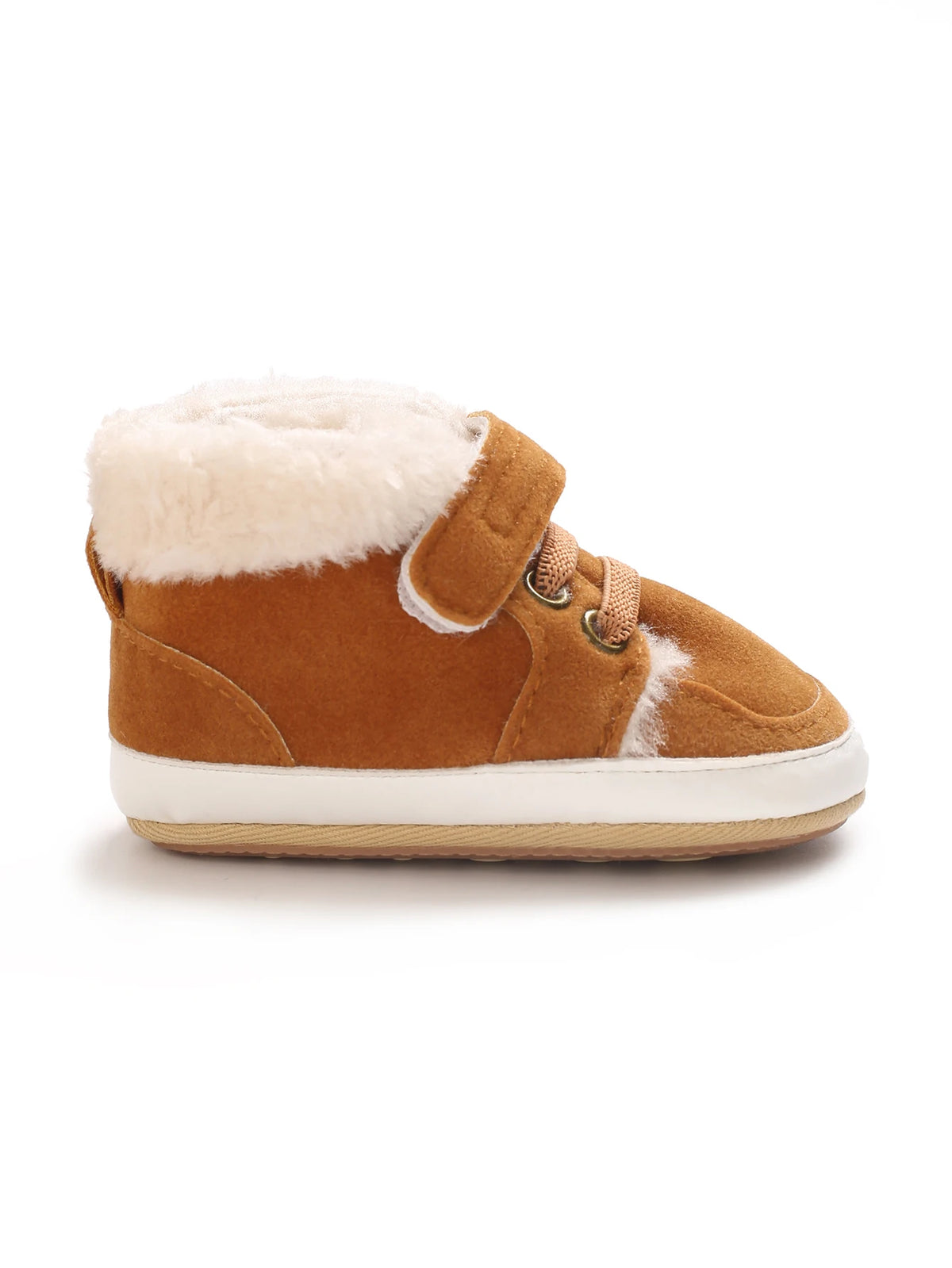 A pair of brown suede baby winter snow boots with a fluffy cream-colored shearling lining and white soles.