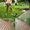 A person is using a 6-inch steel wire brush trimmer head to remove weeds and moss from grass and a roof.
