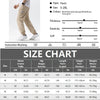 A set of beige men's cargo pants shown on a model, with a size chart and product details.