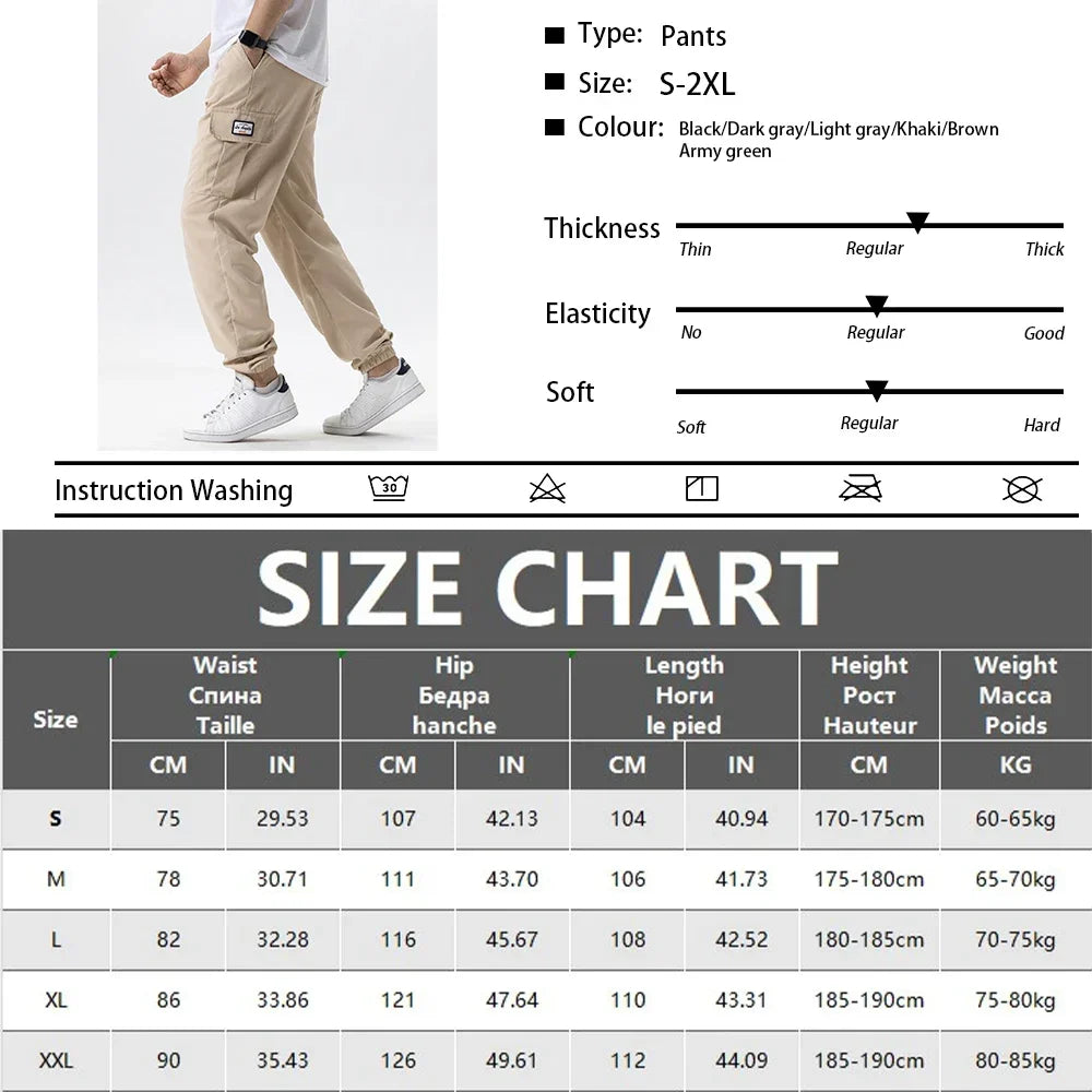 A set of beige men's cargo pants shown on a model, with a size chart and product details.