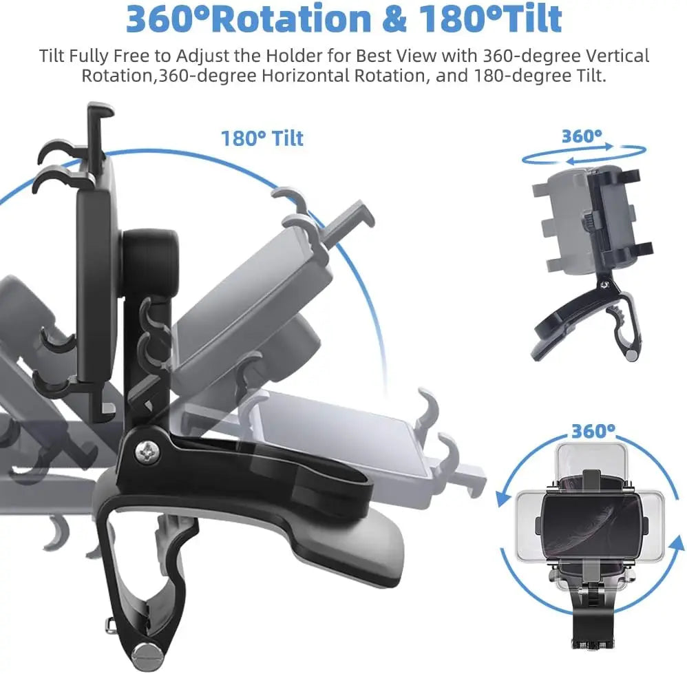 Svart universal telefonholder som viser 360 graders rotasjon og 180 graders tilt for visning.