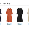 A display of women's cotton-linen blend dresses in Navy, Brown, Black, and Beige colors.