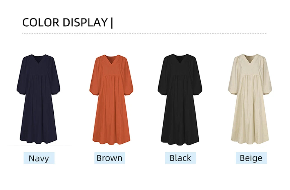 A display of women's cotton-linen blend dresses in Navy, Brown, Black, and Beige colors.