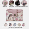 Pink floral print women's wallet with a smooth zipper and transparent ID slot shown alongside five color options.