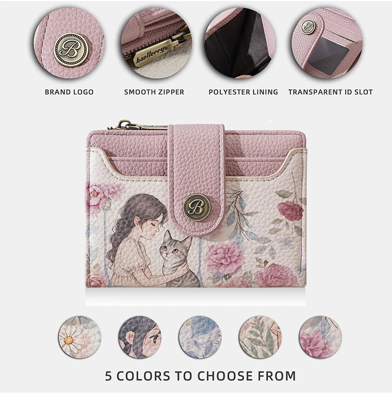 Pink floral print women's wallet with a smooth zipper and transparent ID slot shown alongside five color options.