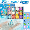 A box of Fun Bath Bombs featuring various colorful bath bombs and a hand dipping into bubbly water.