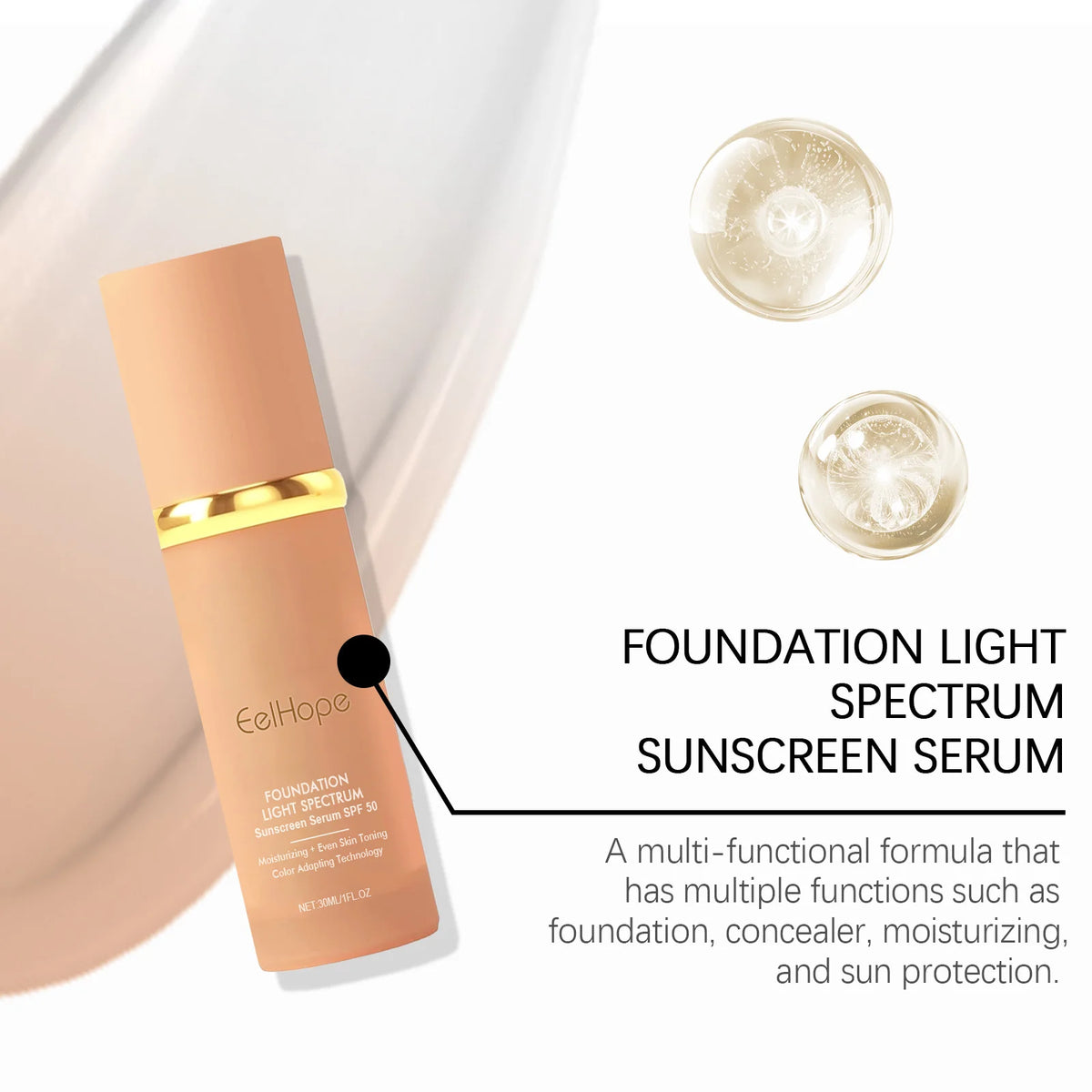 A tube of eelHope Foundation Light Spectrum Sunscreen Serum with a gold cap and a small circular sample.