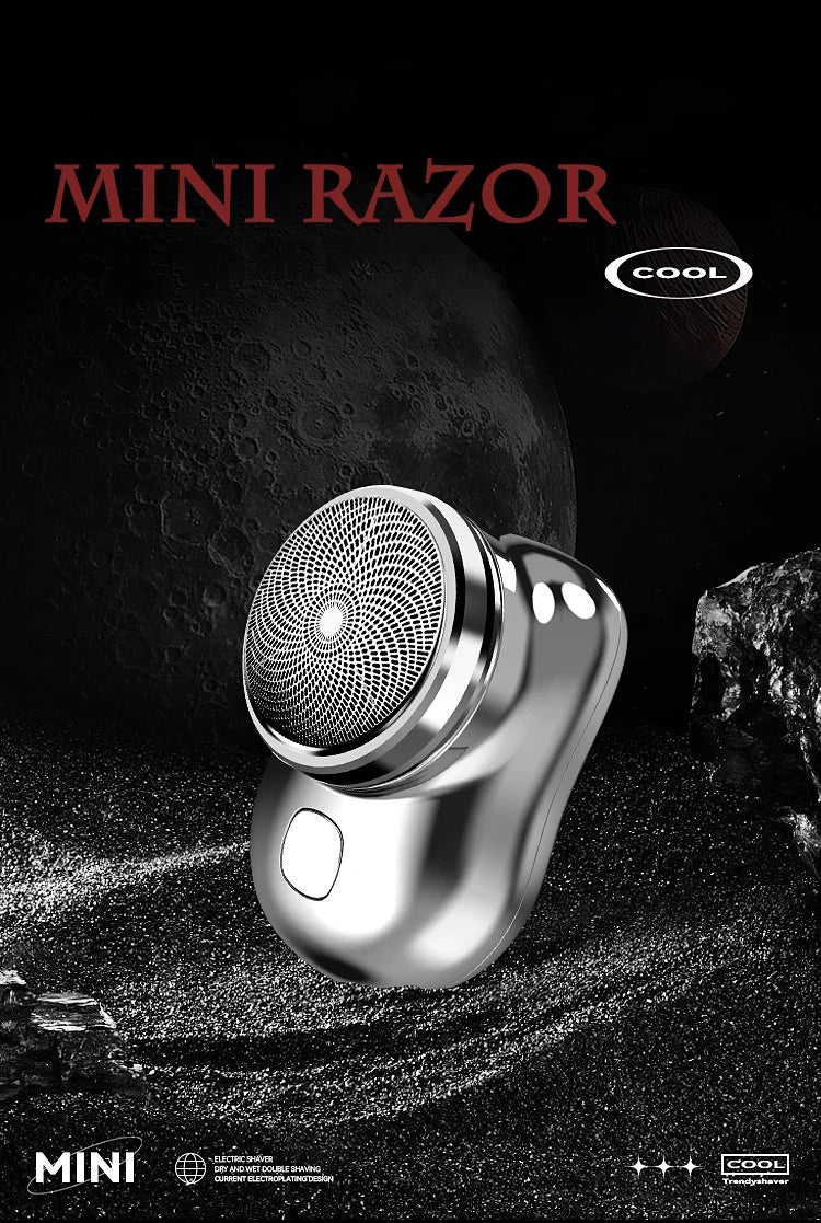 A silver mini razor is shown against a dark background with textured surfaces and the COOL logo.
