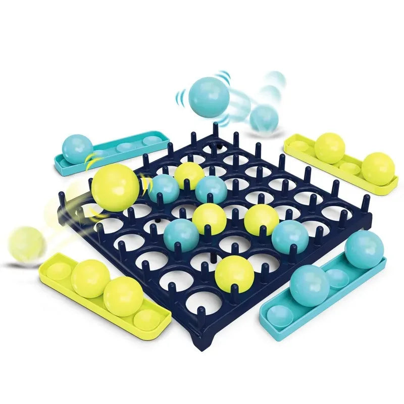 A black grid-like tabletop game featuring various colored bouncy balls in yellow and blue.