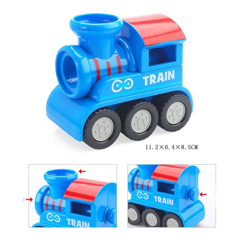 Blue marble run building blocks set with tracks and funnels featuring a train design