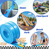 Blue flexible DIY race track car set with friction-powered cars shown in various outdoor settings.