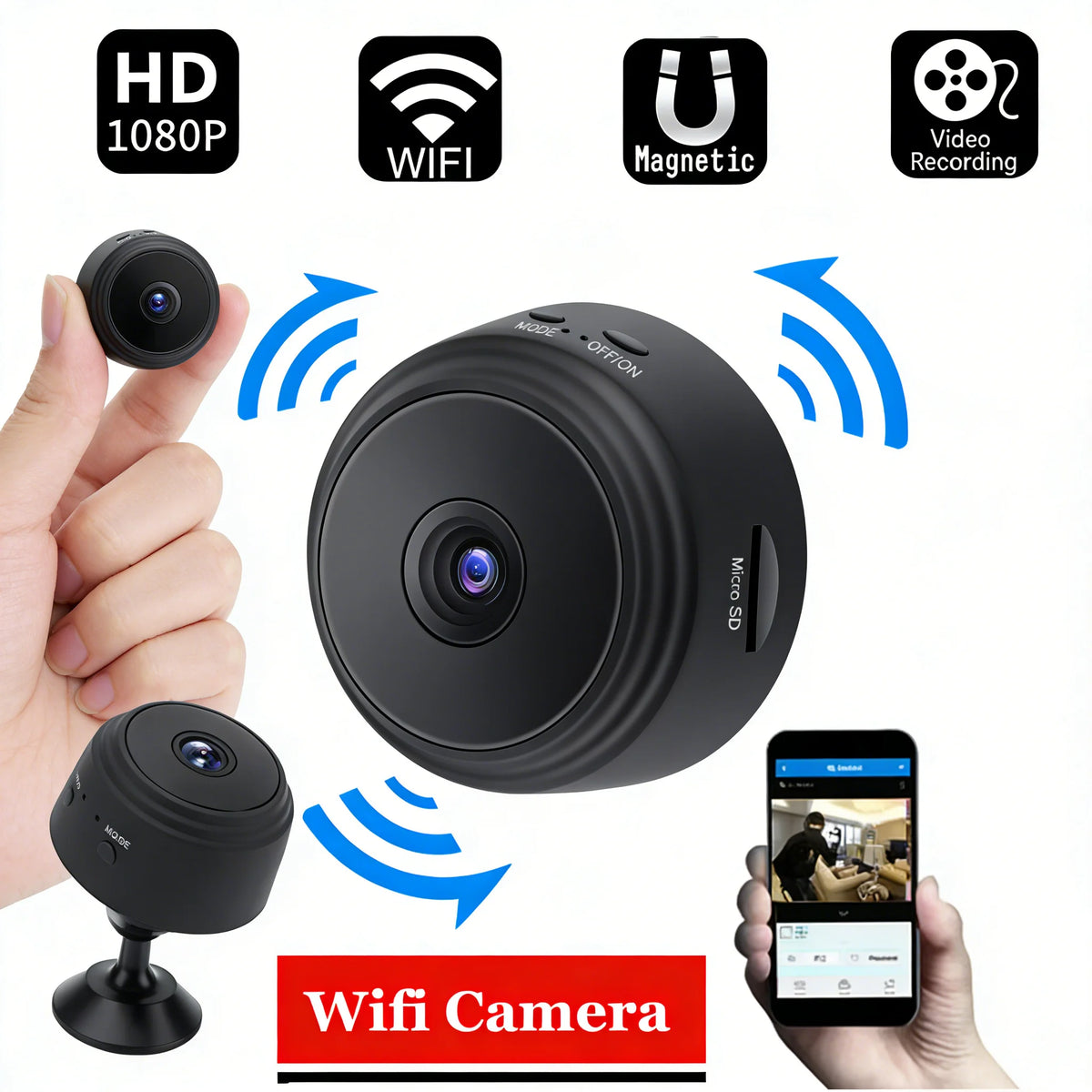 Une mini caméra de sécurité WiFi noire avec ses accessoires et un smartphone affichant un flux en direct.