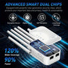 A white dual chip WiFi range extender device with multiple antennas and ports shown against a digital background.