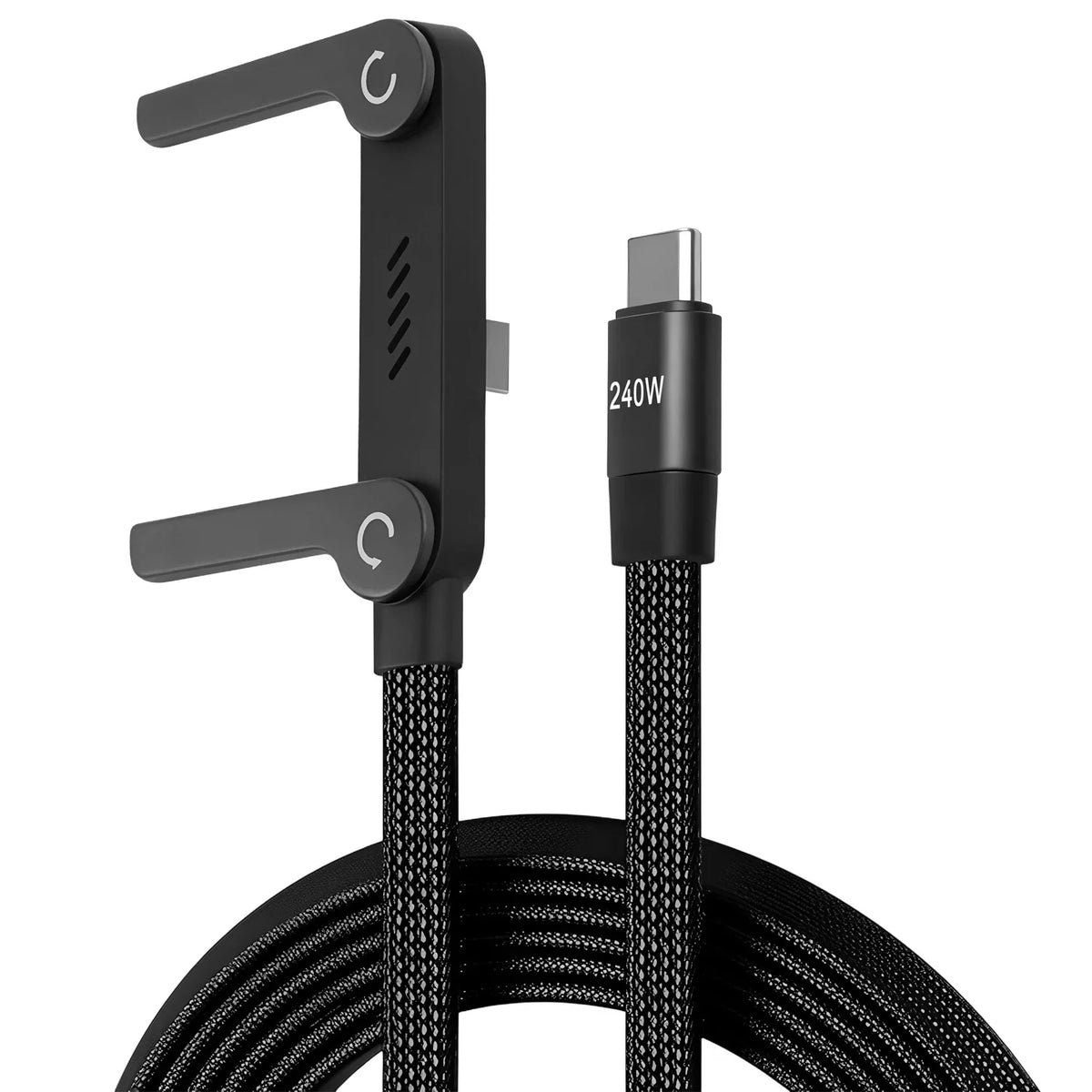 Cable USB-C de carga rápida 2 en 1 negro con soporte plegable para teléfono y cable enrollado.