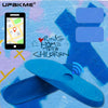 A blue discreet GPS tracking insole is shown against a textured background.
