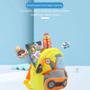 A yellow plush excavator toddler backpack is shown with a storybook and a water bottle on a light blue background.