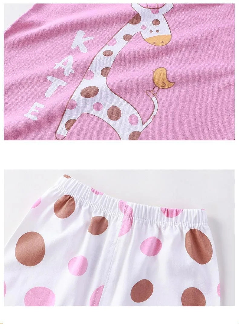 Pink and white giraffe print t-shirt and shorts set with brown polka dots