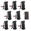 A set of black reflective camping guy lines with aluminum tensioners shown in various arrangements.