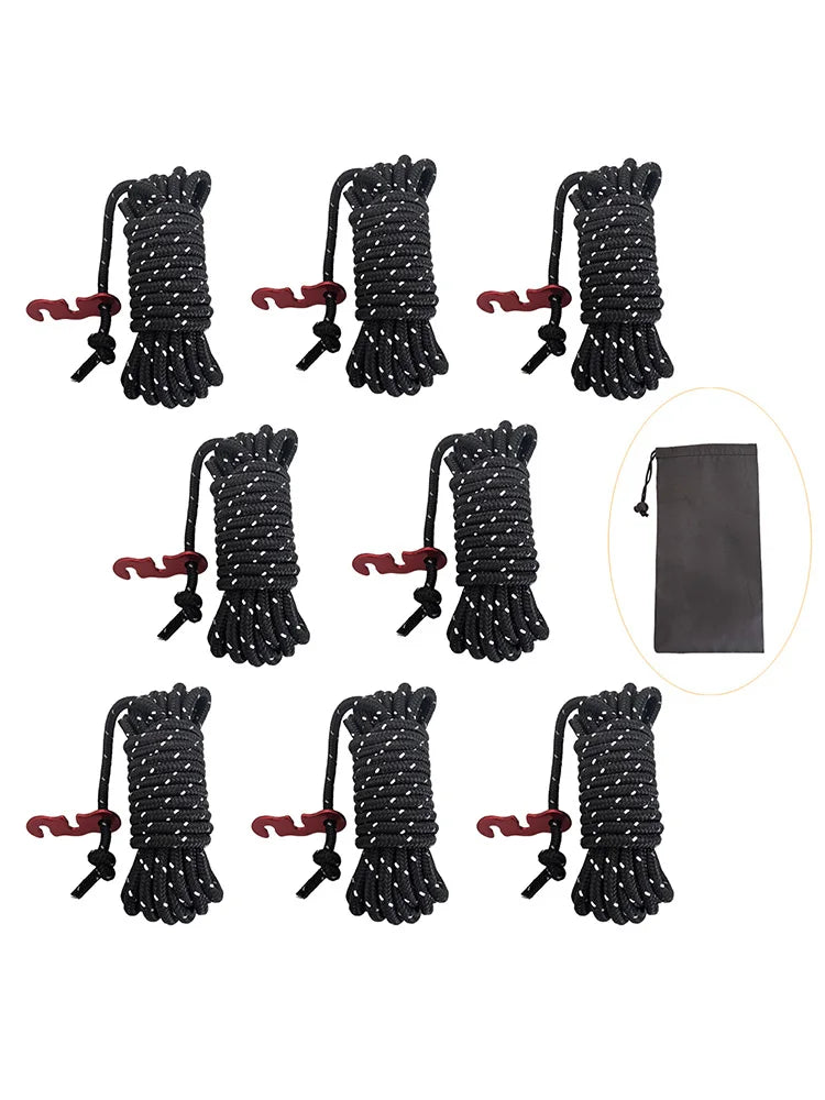 A set of black reflective camping guy lines with aluminum tensioners shown in various arrangements.