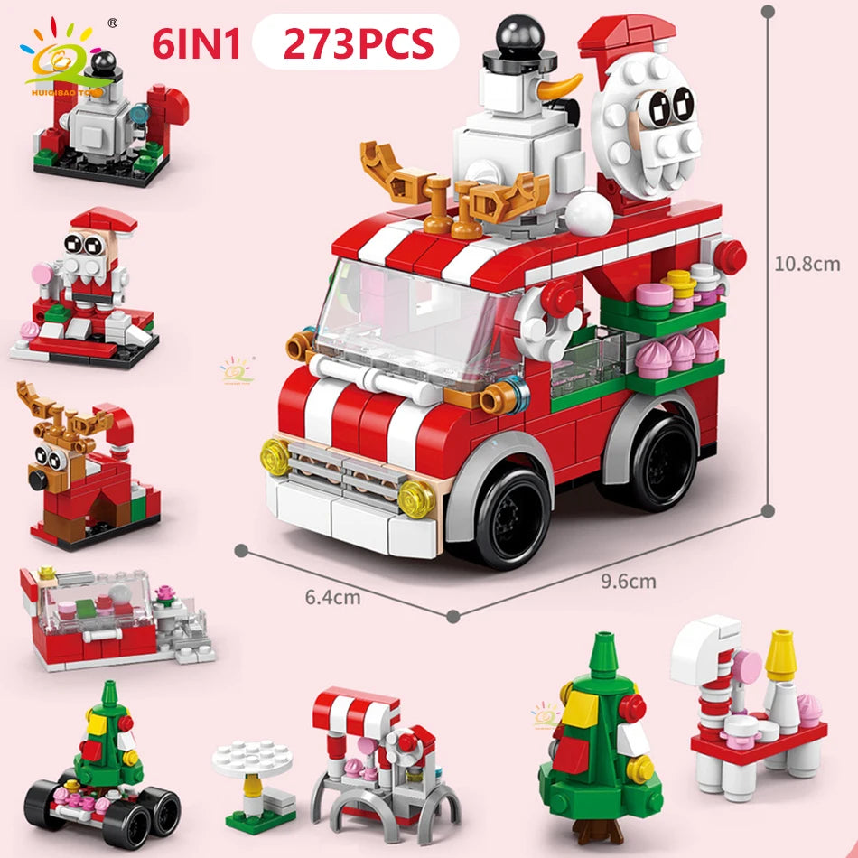 A set of 273 pieces of 6-in-1 Christmas building blocks featuring a red truck with a snow house, Santa, and deer figures.