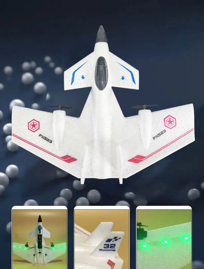 White EPP foam model of a fighter jet glider with markings, shown against a dark blue background.