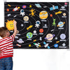 A child points at a felt story board depicting various planets and celestial bodies for learning.