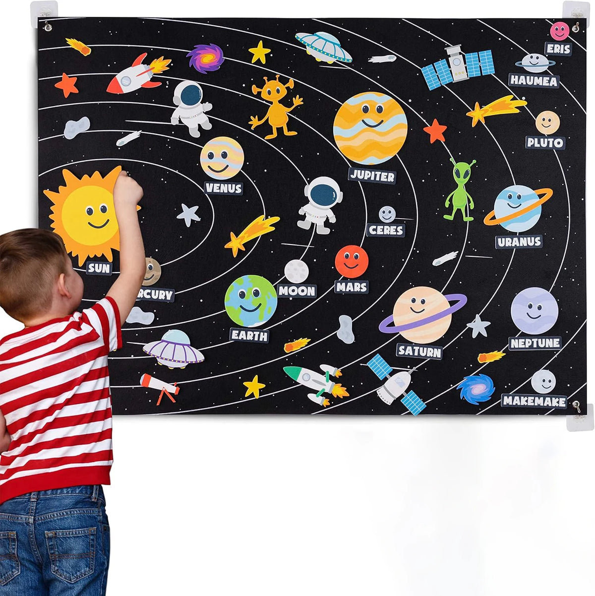 A child points at a felt story board depicting various planets and celestial bodies for learning.
