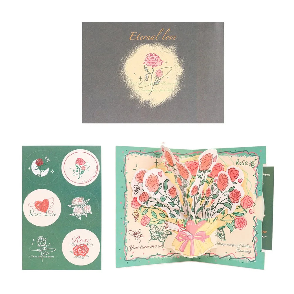 A greeting card featuring a rose illustration and the text Eternal love on a gray background.