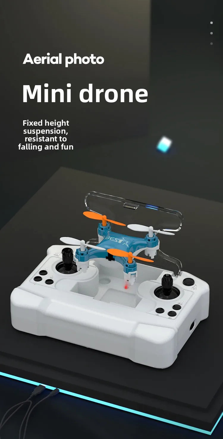 A white mini drone with blue accents is shown on a dark surface, ready for flight.