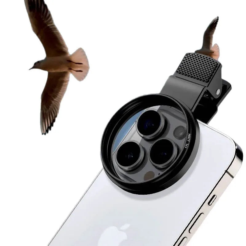 A 52mm CPL polarizing filter with a clip is shown mounted on an Apple smartphone for photography.