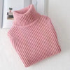 A pink knit turtleneck sweater for kids displayed on a white surface.