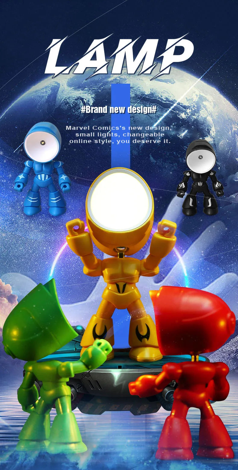 A yellow cartoon hero night light stands on a dark surface with green and red figures surrounding it.