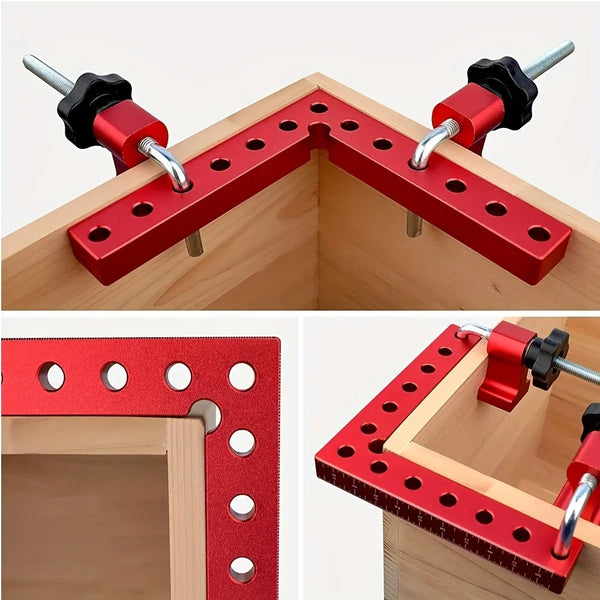 A red 90 degree right angle clamping clip used for woodworking and DIY projects, shown in various angles.