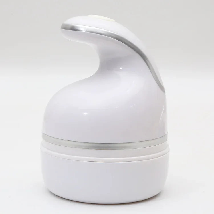 Masajeador eléctrico recargable blanco con boquilla curva y base.
