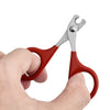 A hand is holding a red stainless steel pet nail clipper with a non-slip grip.
