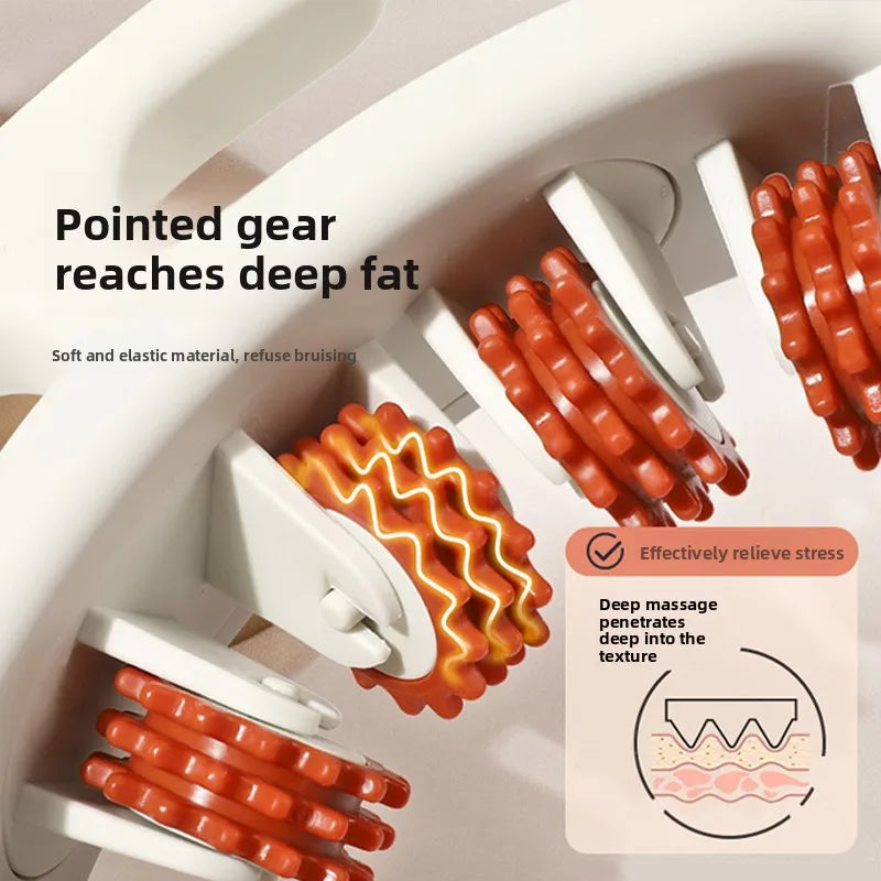 Orange pointed gear massage rollers for deep fat relief used in a white bathtub.