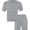 A gray men's casual jacquard short-sleeve shirt and drawstring shorts set.