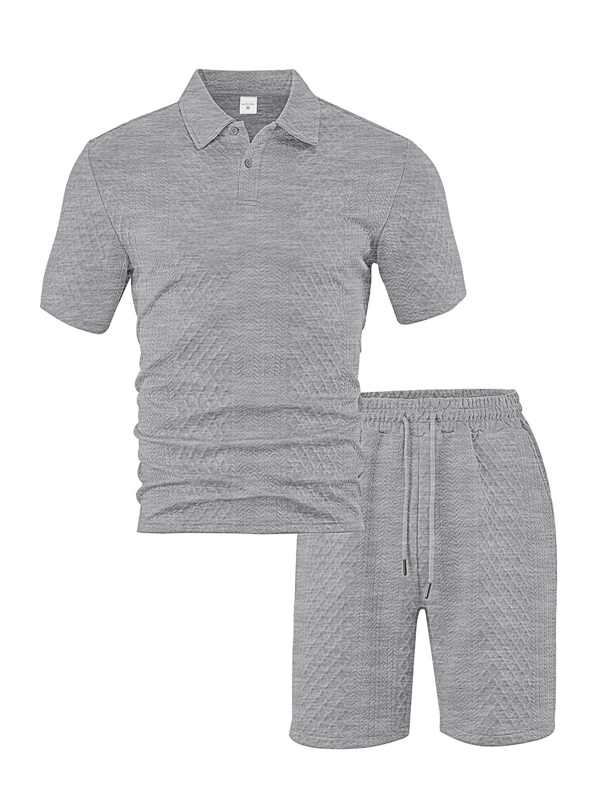 A gray men's casual jacquard short-sleeve shirt and drawstring shorts set.