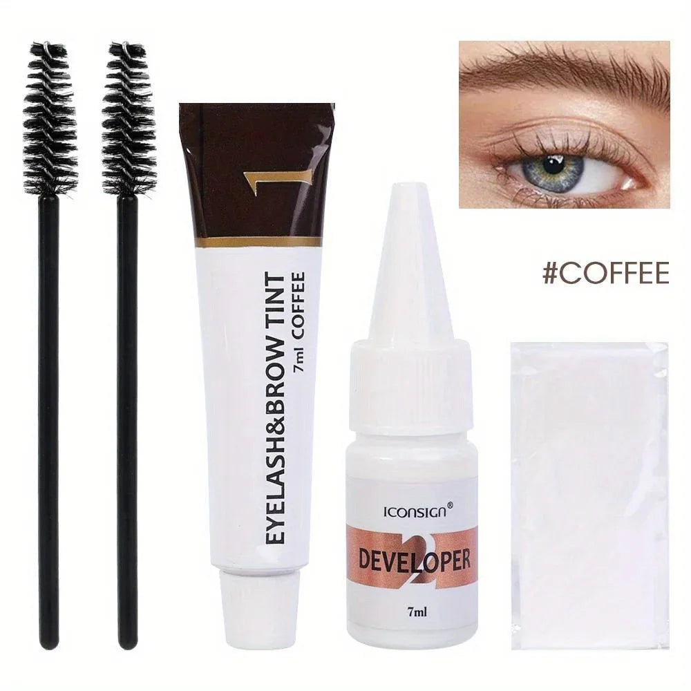 A kit containing a brow tint, eyelash tint, and developer for eyebrow and lash tinting.