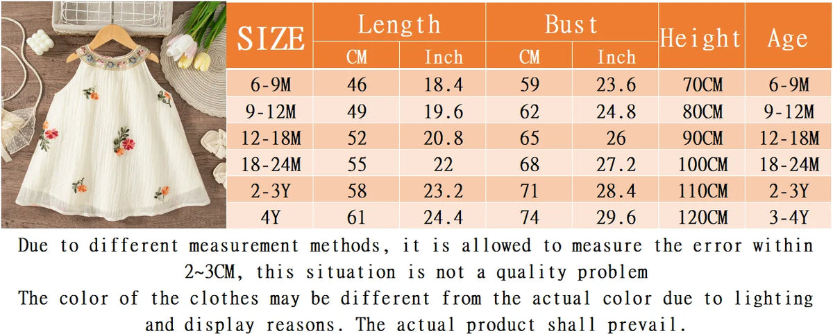 A table showing size measurements in centimeters and inches for a floral embroidered sleeveless dress for baby girls.