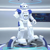 A white robotic figure with blue accents is displayed on a platform, surrounded by glowing blue sensor rings.