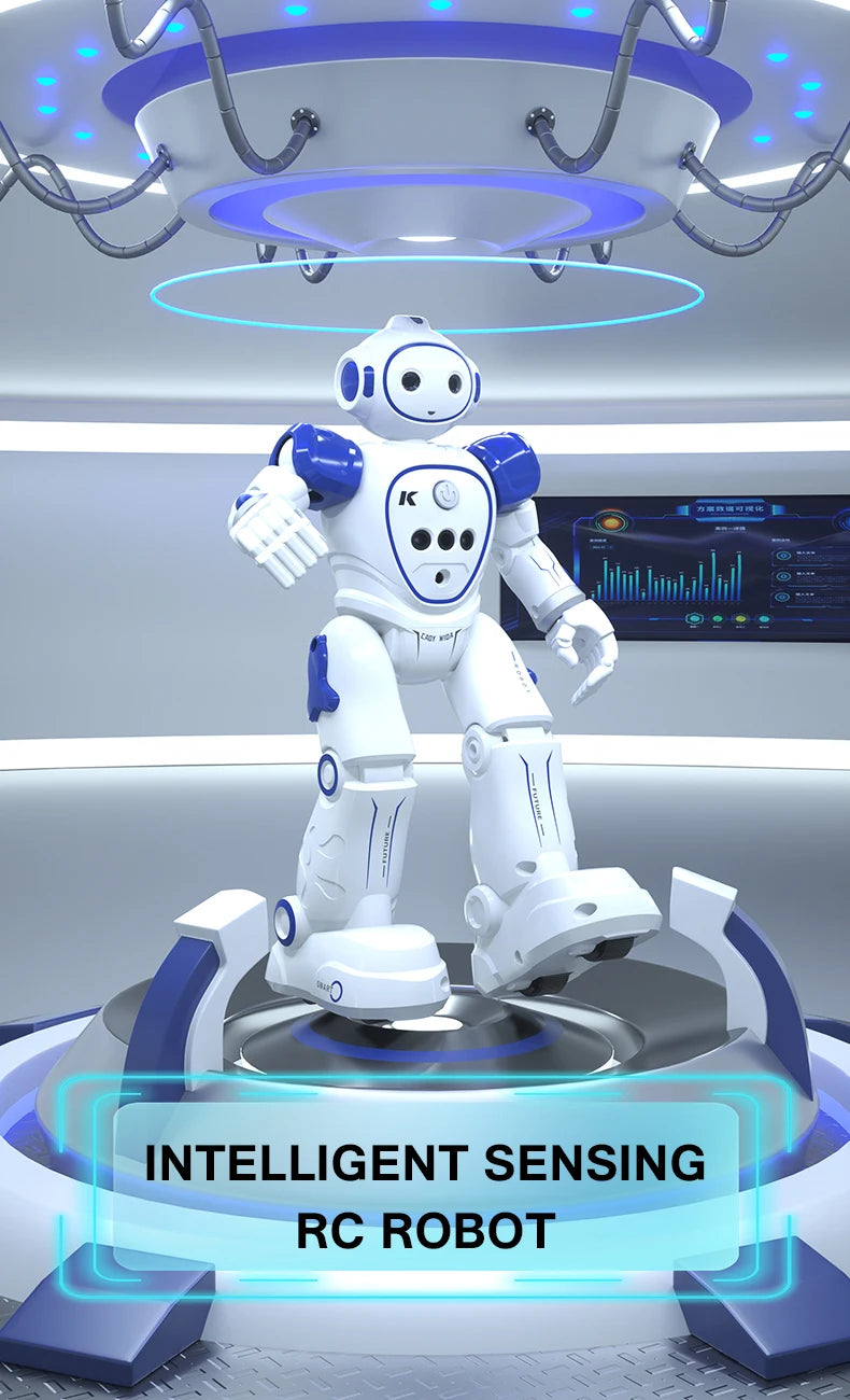 A white robotic figure with blue accents is displayed on a platform, surrounded by glowing blue sensor rings.