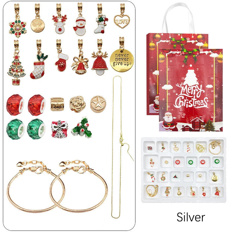 Silver charm bracelets and a red Christmas advent calendar bag with a festive design