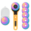 An orange rotary fabric cutter with an ergonomic handle and multiple colored cutting discs.