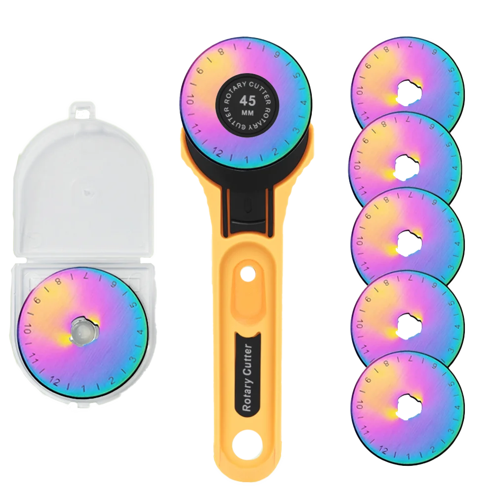 An orange rotary fabric cutter with an ergonomic handle and multiple colored cutting discs.